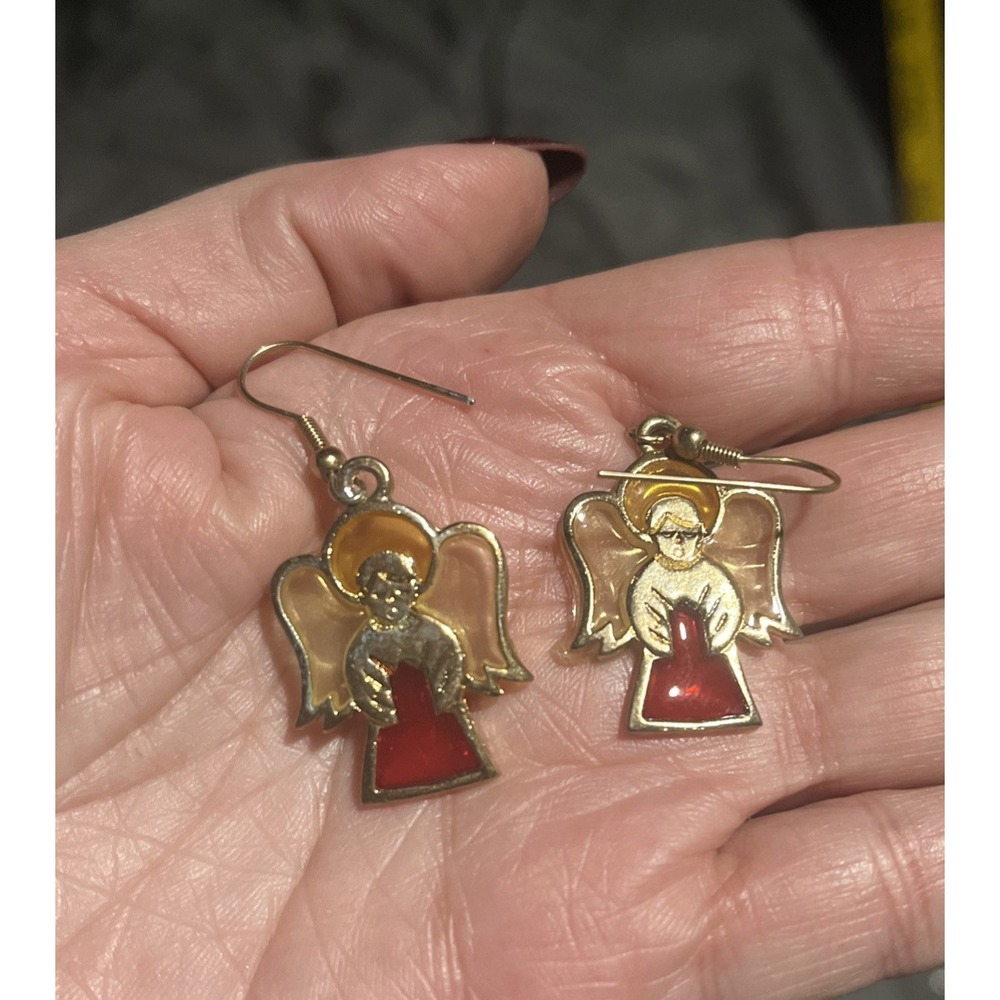 Stunning vintage stained glass angel earrings Gold Tone